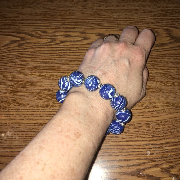 Artisan Handmade Blue & White Polymer Clay Bracelet Elegant & Boutique Style - Picture 6 of 6